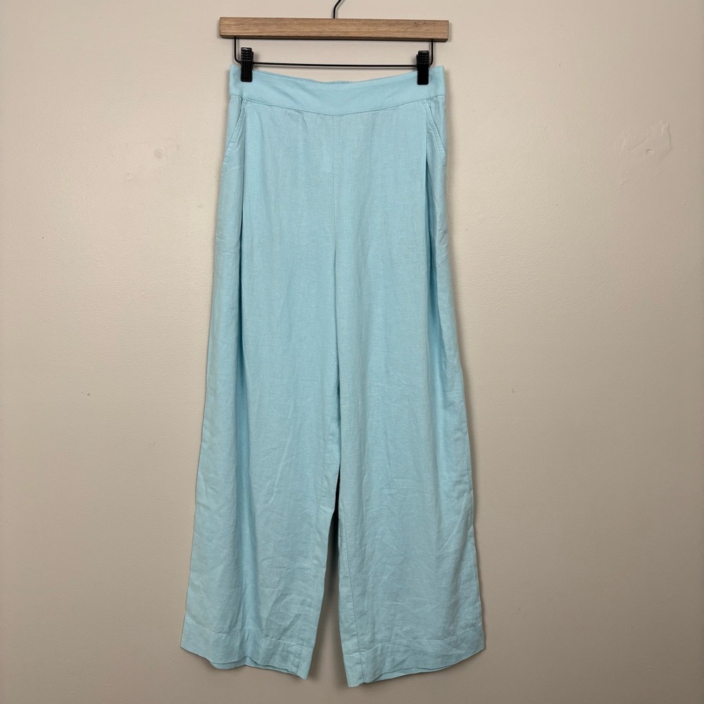 Madewell Pull On Straight Leg Crop Pant Linen Blend Blue Size 2 Womens Coastal